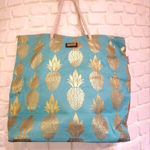 Sun 'N' Sand Turquoise & Gold Pineapple Print Tote Bag Rope Straps